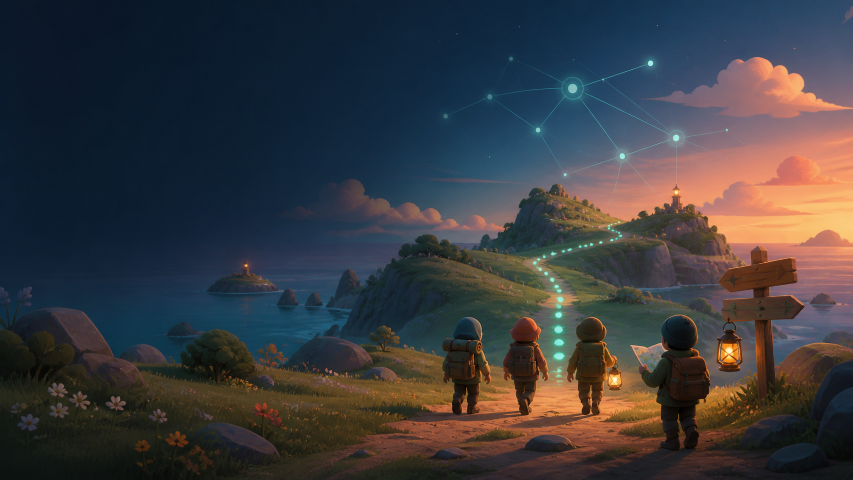 Original non-IP co-op walking route artwork with waypoint lights and a small group checking a map